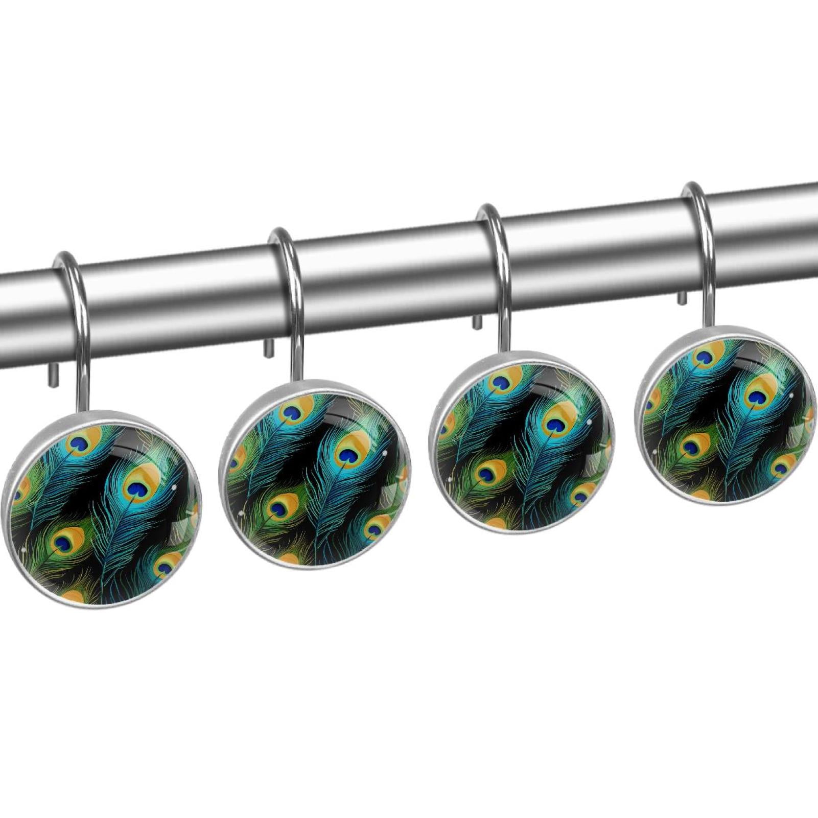 Peacock Feather Shower Curtain Hooks Round Crystal Glass, Set of 12 Shower Curtain Rings - Shower Hooks for Curtain Shower Rings