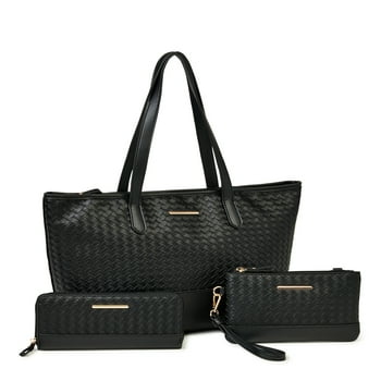 Time and Tru Women's 3 in 1 Tote Bag 3-Piece Set Black Woven