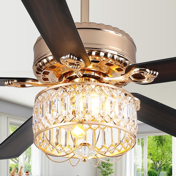 PHORUS 52" Crystal Ceiling Fan with Lights and Remote Control,Indoor Farmhouse Ceiling Fan, Wood Blades,Quiet Chandelier Fan for Living Room, Dining Room, Bedroom,Gold