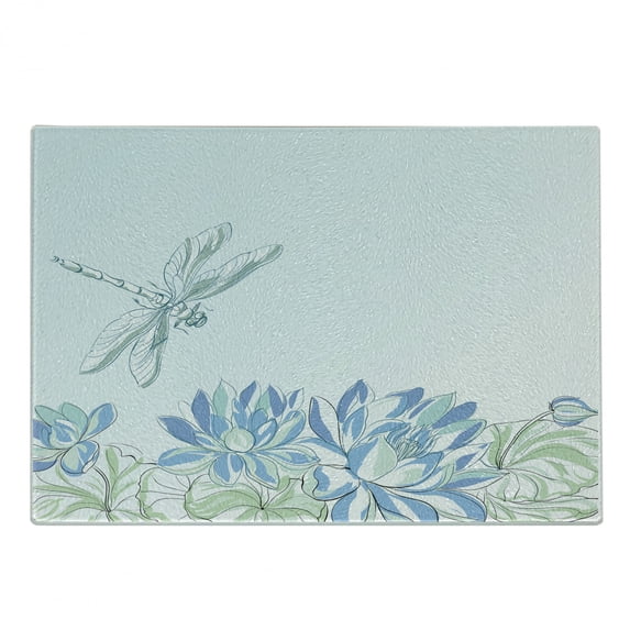 Dragonfly Cutting Board, Waterlilies Flowers and Dragonflies Simplistic Design Eco Nature Theme Art, Decorative Tempered Glass Cutting and Serving Board, Small Size, Blue Green, by Ambesonne