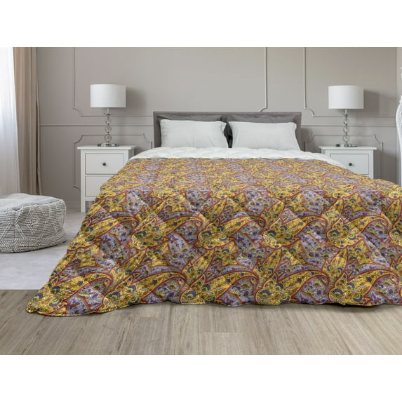 Paisley Down Alternative Comforter, Traditional Pattern of Buta Ornament Eastern Motifs Modernized Art, Microfiber Quilt for All Season, 5 Sizes, Earth Yellow and Ivory, by Ambesonne