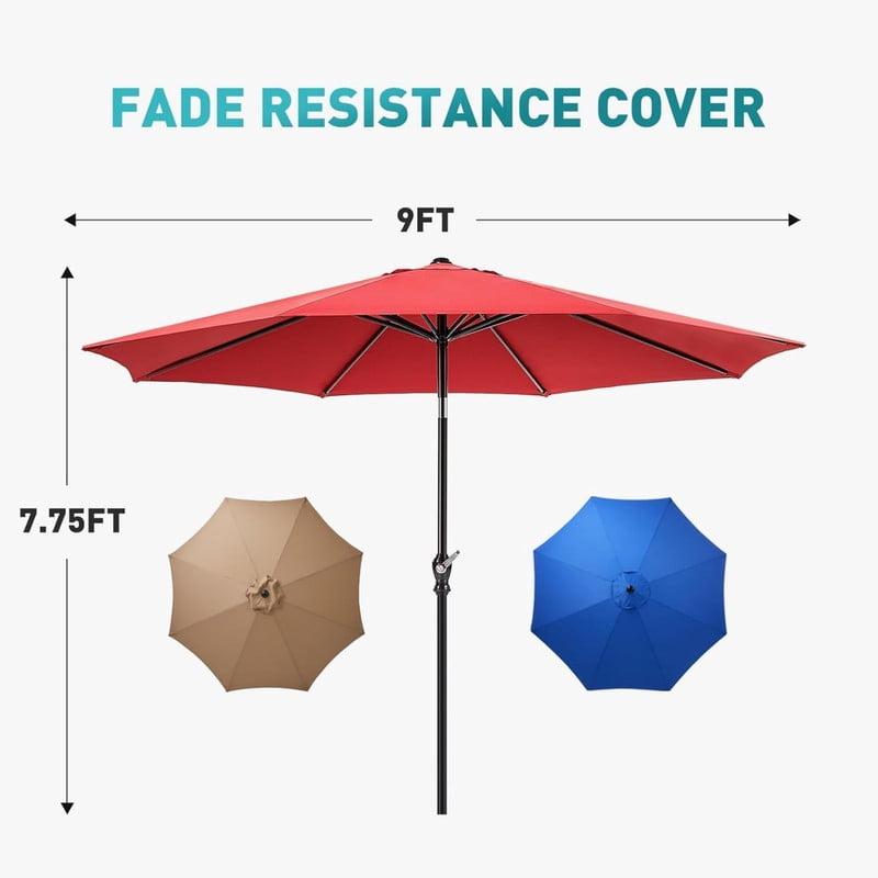 Kelno 9FT Patio Umbrella with Tilt and Crank Button 8 Sturdy Ribs UV Protection Waterproof, Red