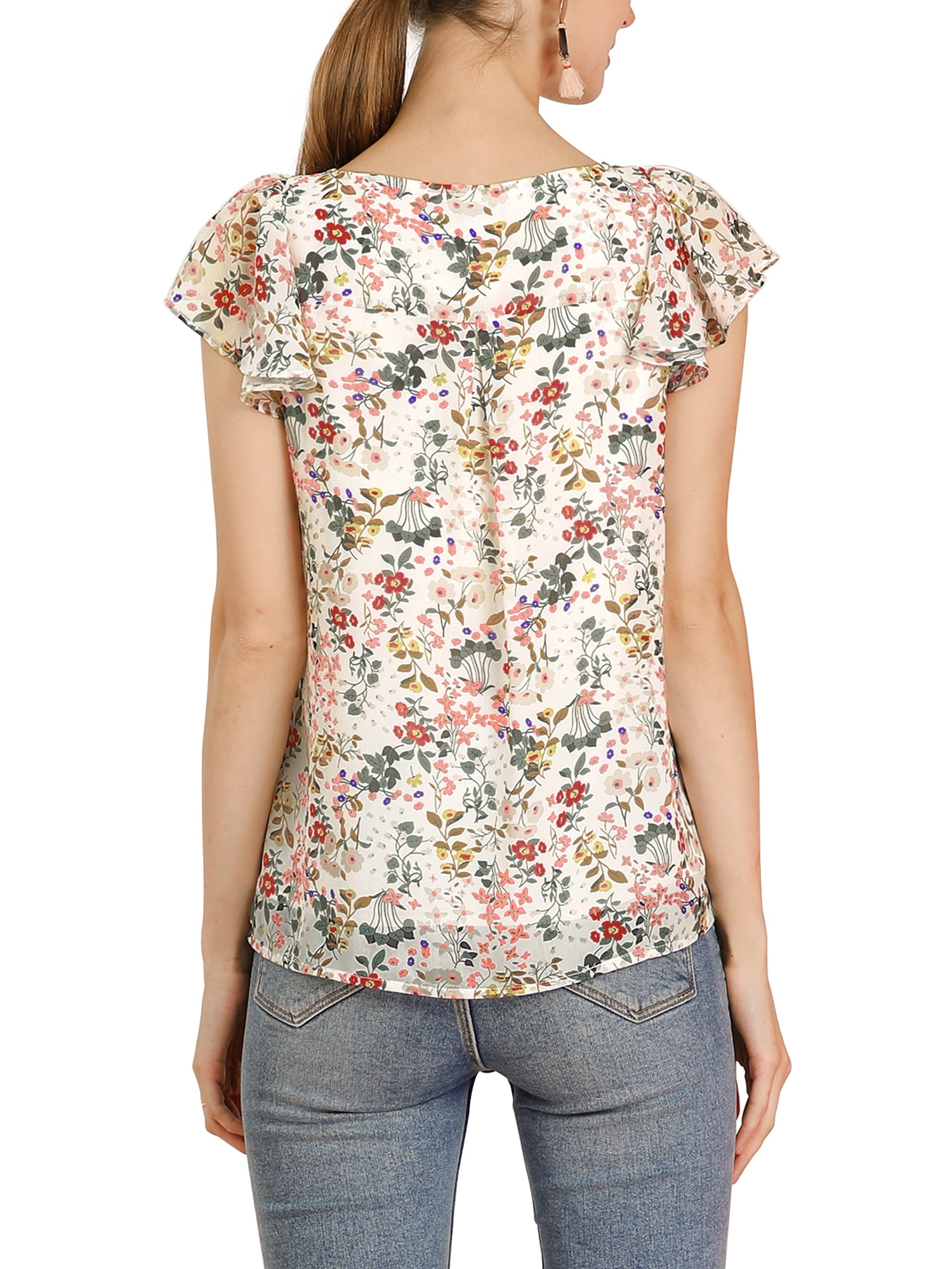 DARING DIVA Women's Floral Ruffle Sleeve Chiffon Blouse Top XS White