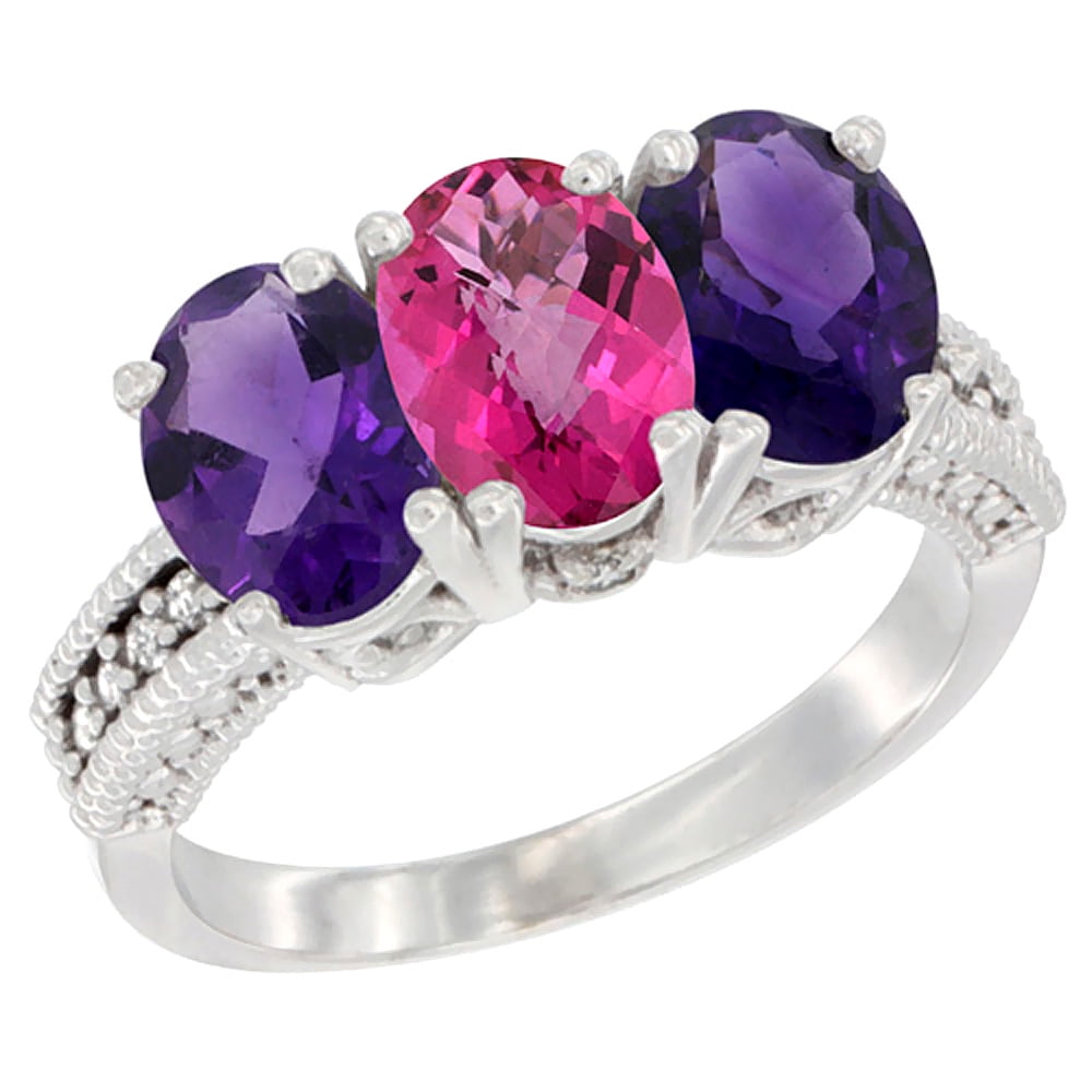 10K White Gold Natural Pink Topaz & Amethyst Sides Ring 3-Stone Oval 7x5 mm Diamond Accent, sizes 5 10 by WorldJewels