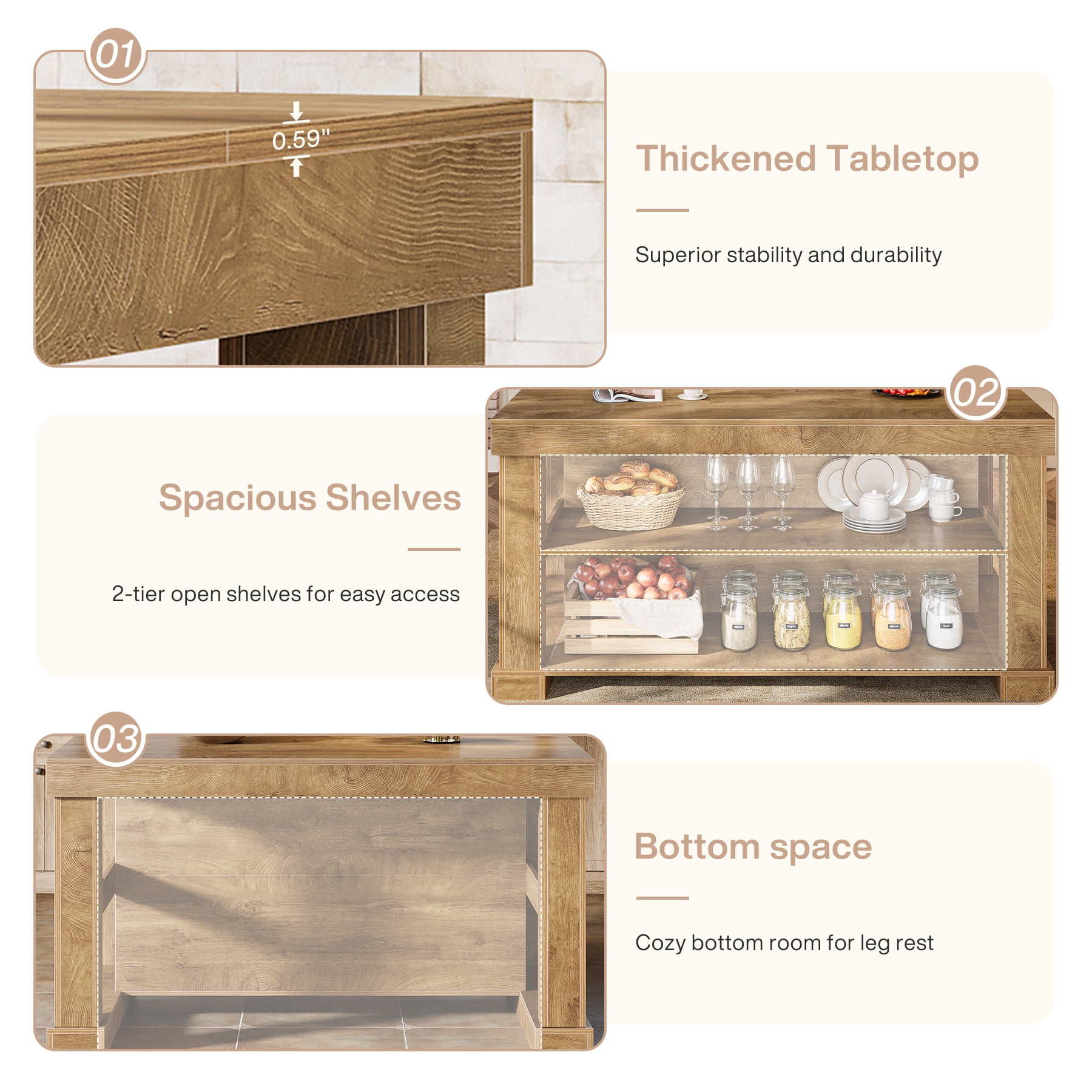 Finmind 55-inch Kitchen Island with 3 Storage Shelves, Large Farmhouse Kitchen Shelf with Spacious Worktop, Natural Brown (Easy to Assemble)