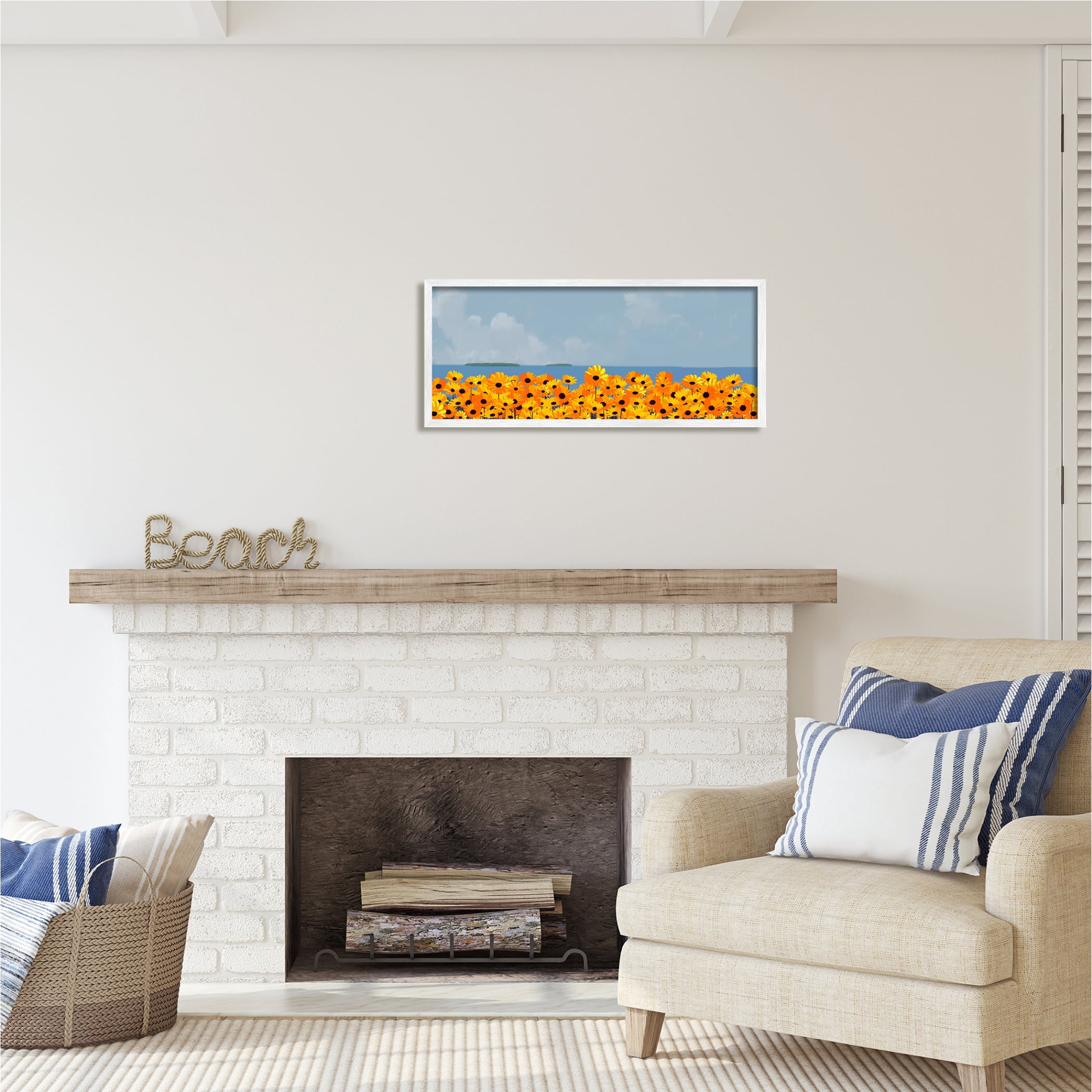 Stupell Industries Yellow Daisies by Sea Botanical & Floral Painting White Framed Art Print Wall Art, 30 x 13