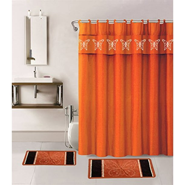 Golden Linens 15 Pieces Orange Solid Color With Embroidery Butterfly Design Bathroom Mats Set Non Slip Rug Carpet Shower Curtain And Hooks Walmart Com Walmart Com