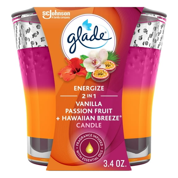 Glade Scented Candle Jar, Vanilla Passion Fruit & Hawaiian Breeze 2-in-1, Fragrance Infused with Essential Oils, 3.4 oz