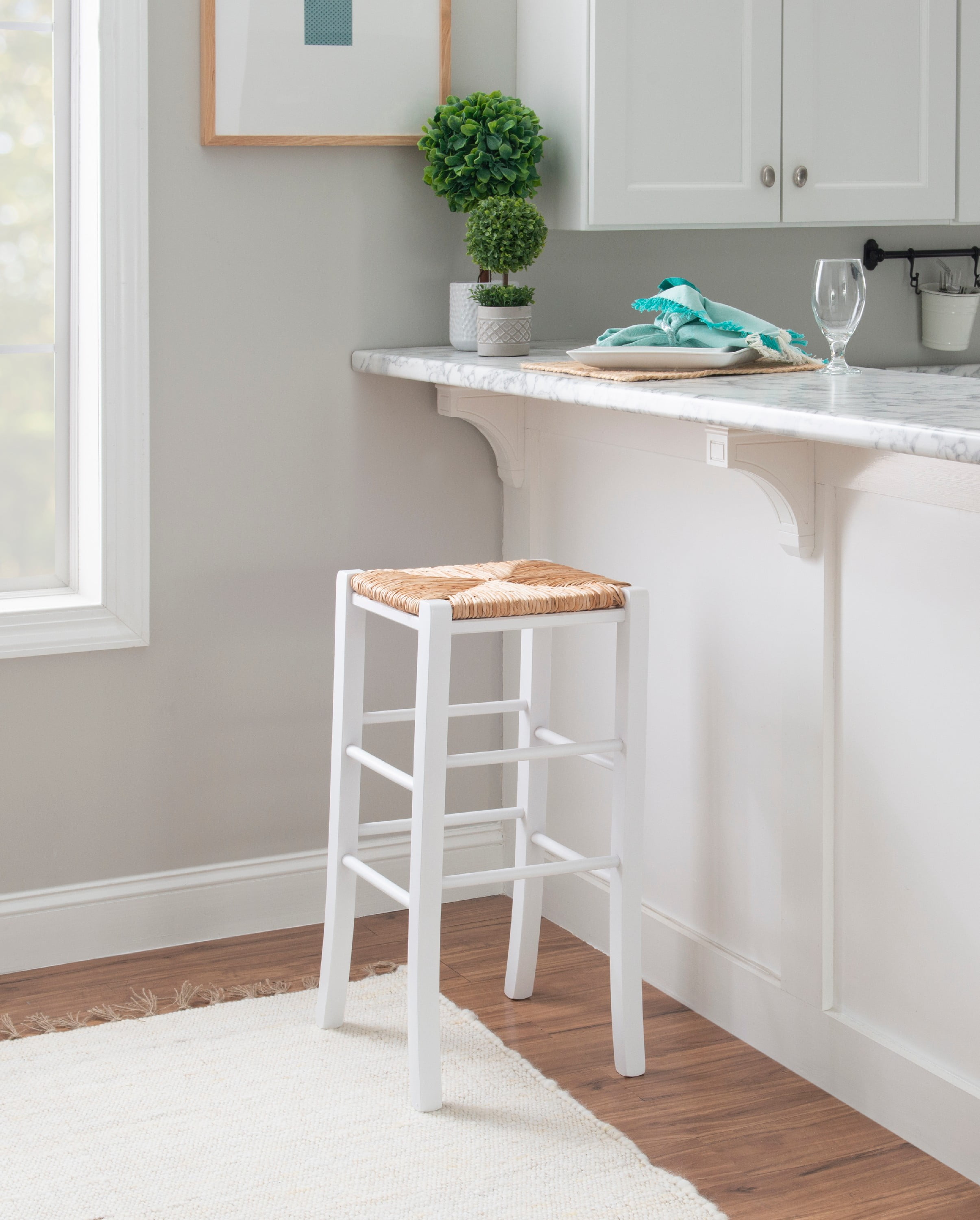 Linon Ivica 29" Backless Bar Stools, Set of 2, Classic White with Handwoven Rush Seat