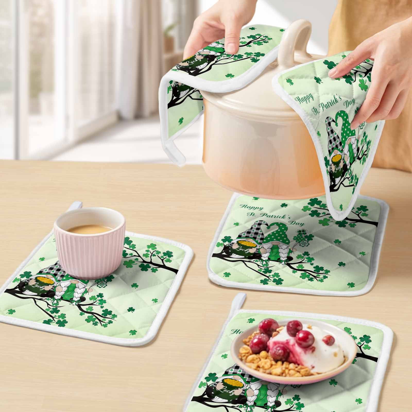 St. Patrick's Day Pot Holders for Kitchen Heatproof Potholder, 3 Pack Green Ombre Lucky Tree Gnomes Hot Pads Multipurpose Oven Pads Cloth Potholders Trivet for Cooking Baking