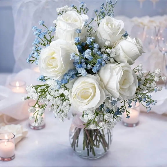 Artificial Flower Set - 6 Realistic Roses with 4 White and 4 Blue Baby's Breath for Bouquets and Home Decorations
