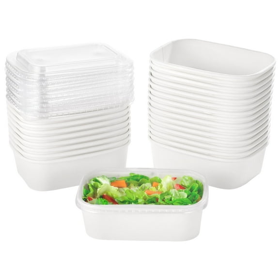 25PCS Kraft Paper Bowls, 22oz Disposable Food Containers with Clear Lids, Oilproof Salad Bowls, White Rectangular Treat Bowls for Soup, Snacks, Sushi, Hot Cold Takeout Boxes, Microwave Safe