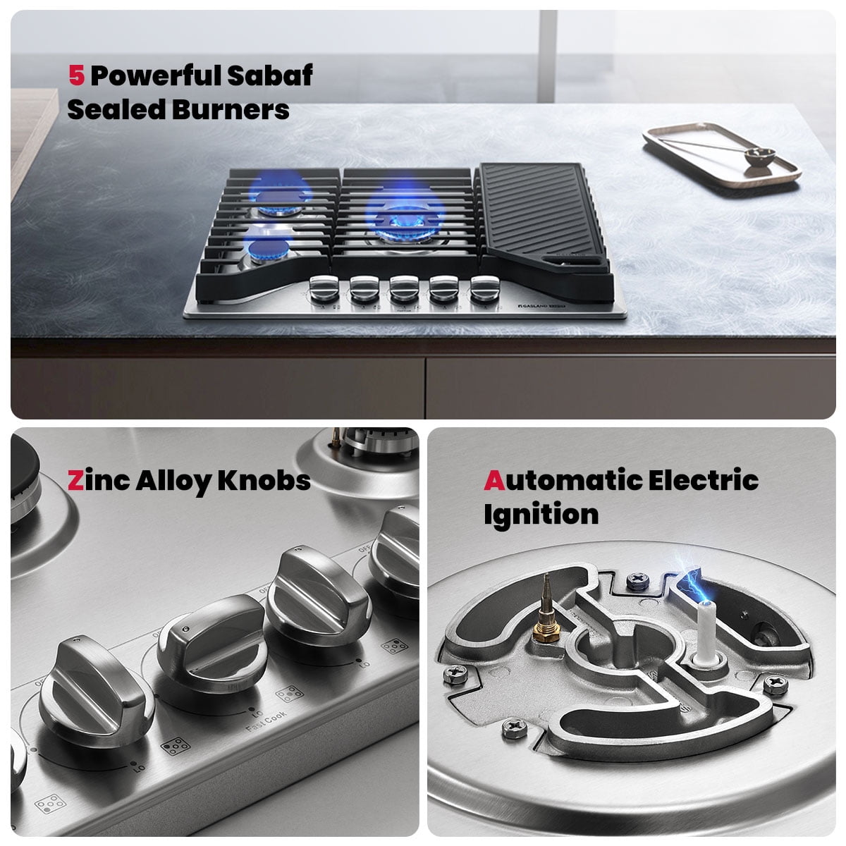 GASLAND Master Series 30 Inch Gas Cooktop with Griddle PRO GH3805SS1FC with 5 Burners, CSA certified,120V Plug-in, NG/LPG Convertible