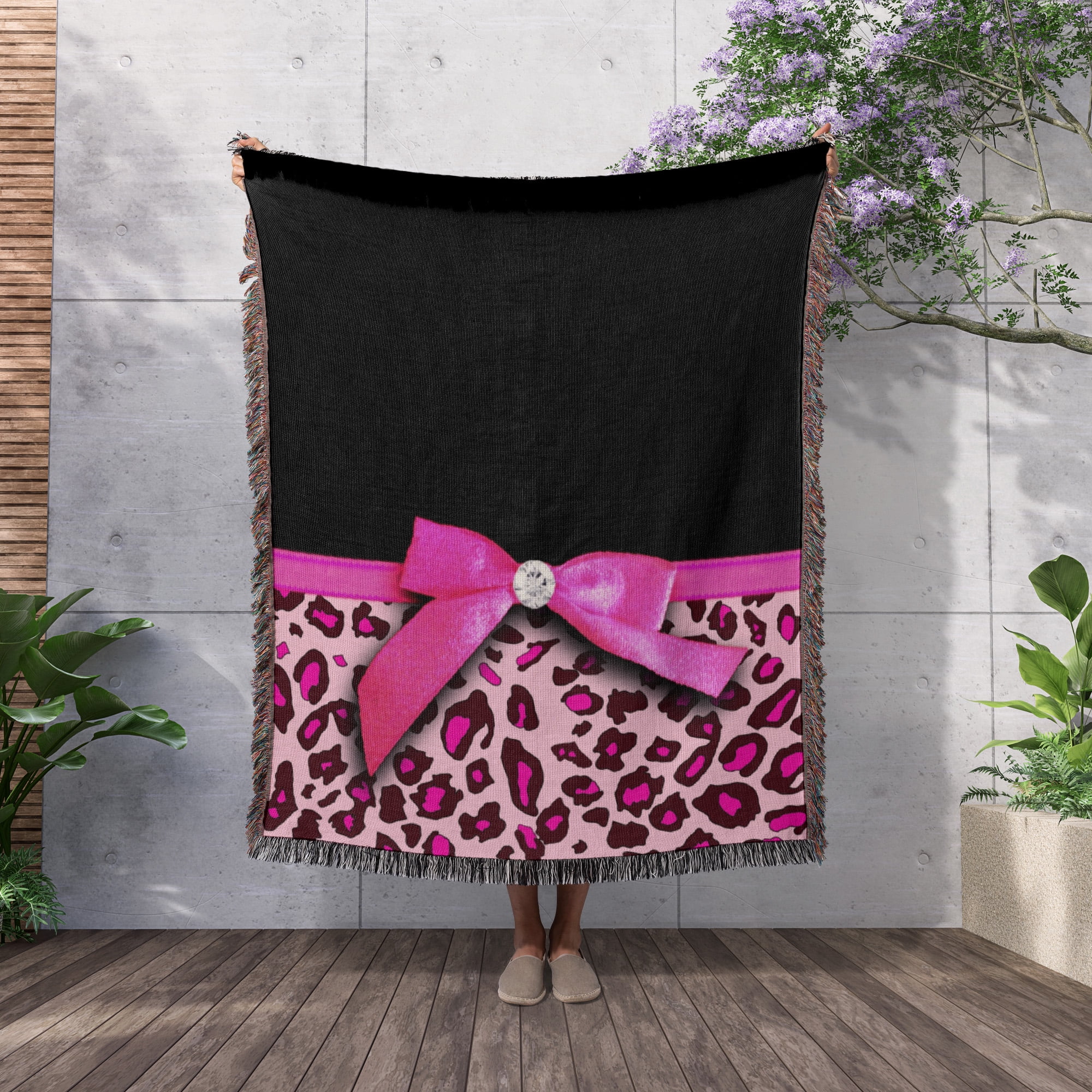 Hot Pink Leopard Animal Print With Glamorous Faux Ribbon Bow - Girly Glam Graphic - Stylish Black, Woven Blanket