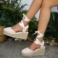 thumbnail image 3 of Womens Platform Espadrilles Closed Toe Wedge Sandals Tie up Ankle Strap Summer Dress Shoes for Wedding Vacation Beige Size 6, 3 of 8