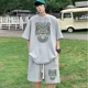 thumbnail image 3 of Chándal informal de moda de gran tamaño de verano, traje holgado para correr con diseño de gofre, camiseta holgada de manga corta y pantalones cortos deportivos, conjunto de 2 piezas para hombre, 3 of 5