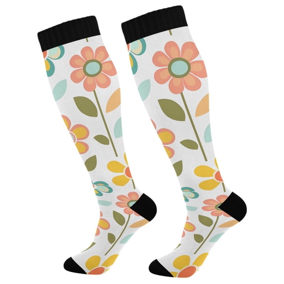 FORMRS Womens Knee High Socks Casual Long Thick Travel Daily Wear, 1 Pair, Orange Retro Flower