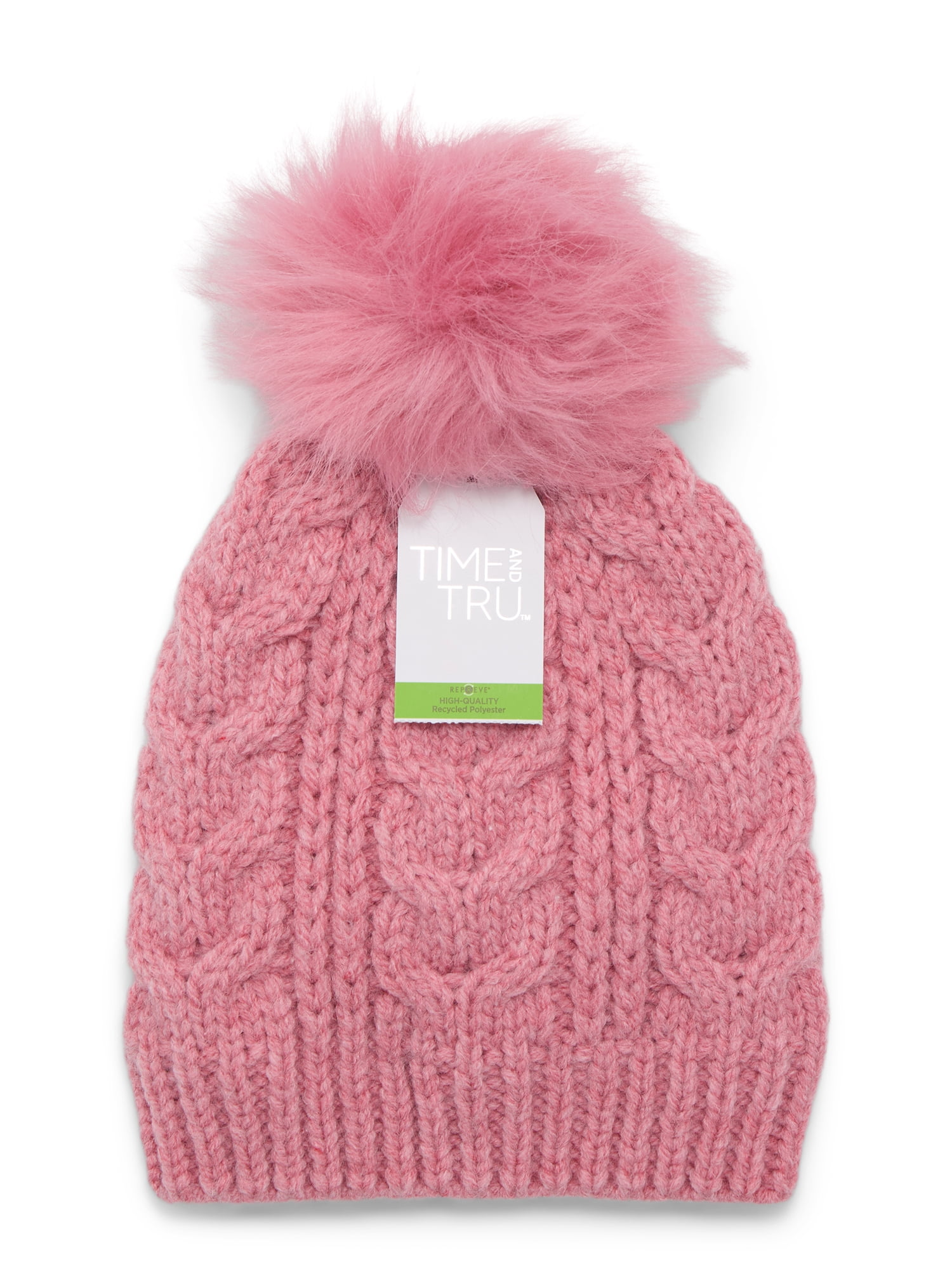 Time and Tru Women's Cable Pom Beanie, One Size Fits Most, Pink Pottery Heather