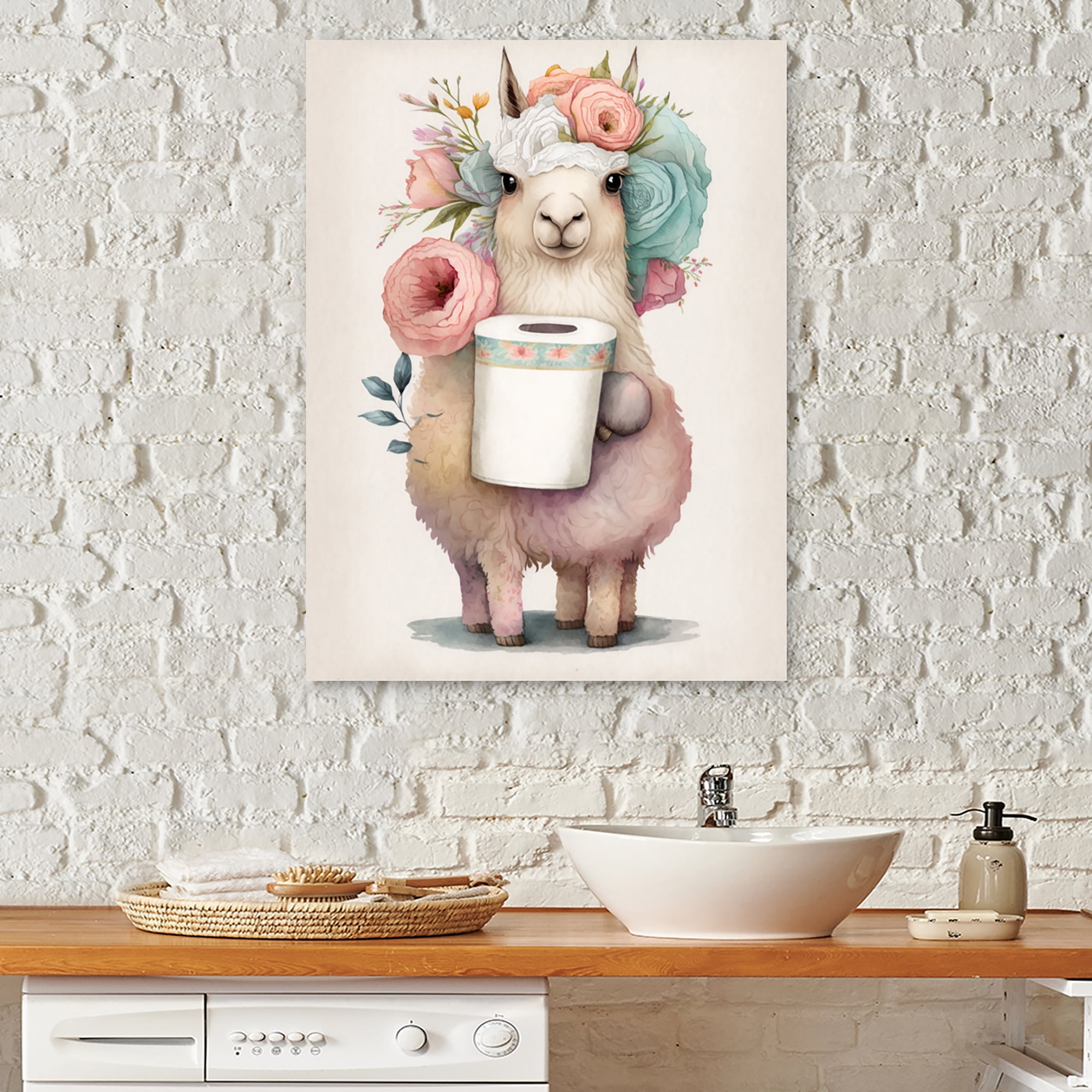 Designart Llama Building A Tower Of Toilet Paper With Flowers II Canvas Wall Art