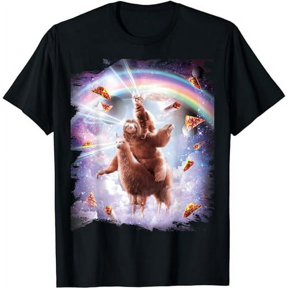 Laser Eyes Space Cat Riding Sloth, Llama - Rainbow T-Shirt