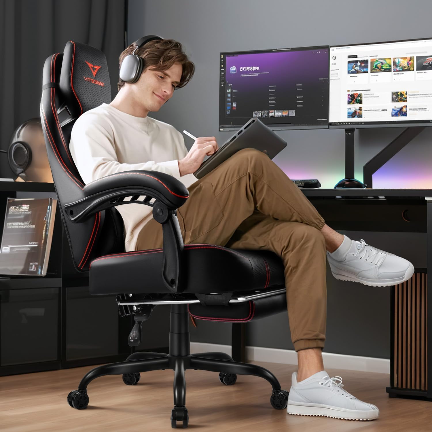 VITESSE Big and Tall Gaming Chair 400lb Weight Capacity with Footrest, Ergonomic Video Game Chair for Adults with Oversized Headrest and Lumbar Pillow, Computer Chair Gaming for Office (Black+Red)