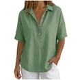 thumbnail image 4 of Hngshg Plus Size Tops for Women Linen Button Collared Comfy Short Sleeve Solid Color Casual Blouses Summer Vacation Going out Tops, 4 of 7