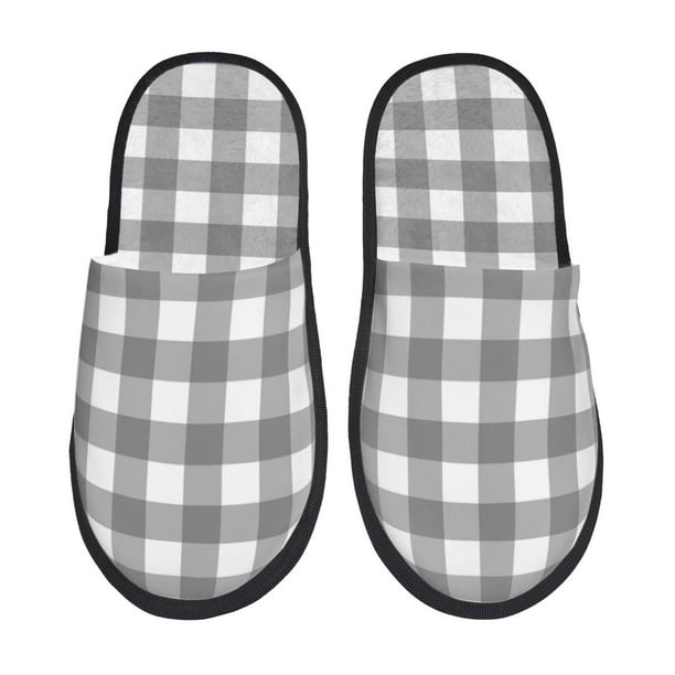 Balery Gray Checkboard Pantuflas de Casa de Felpa Silenciosas con Diseño Estampado, Zapatillas Cómodas Antideslizantes de Algodón para Interior-Medium