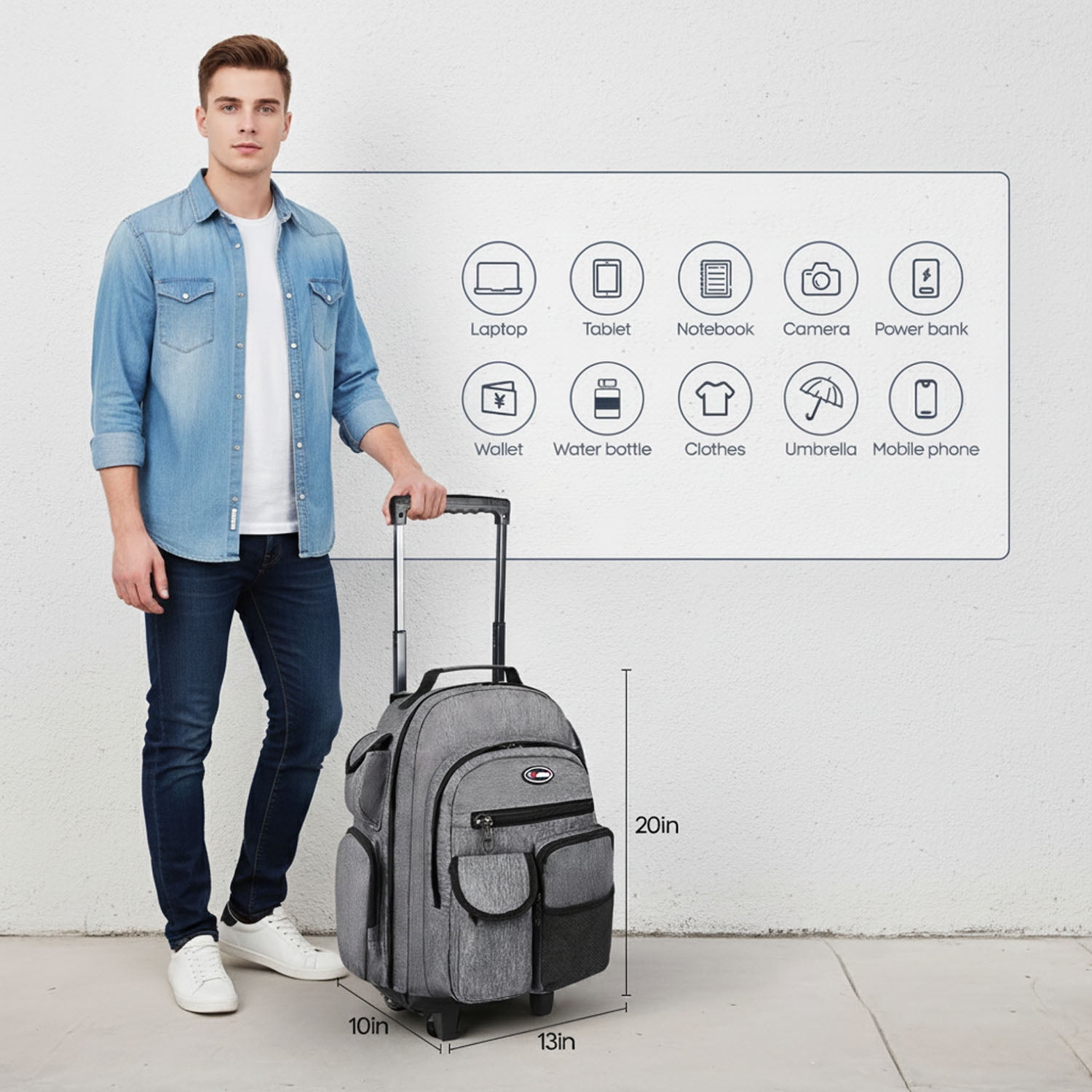 20" Rolling Backpack for Women Men,2 in 1 Carry On Travel Backpack with Wheels & Telescopic Handle for Work, Weekend, School & Short Trips, Grey, JH2560