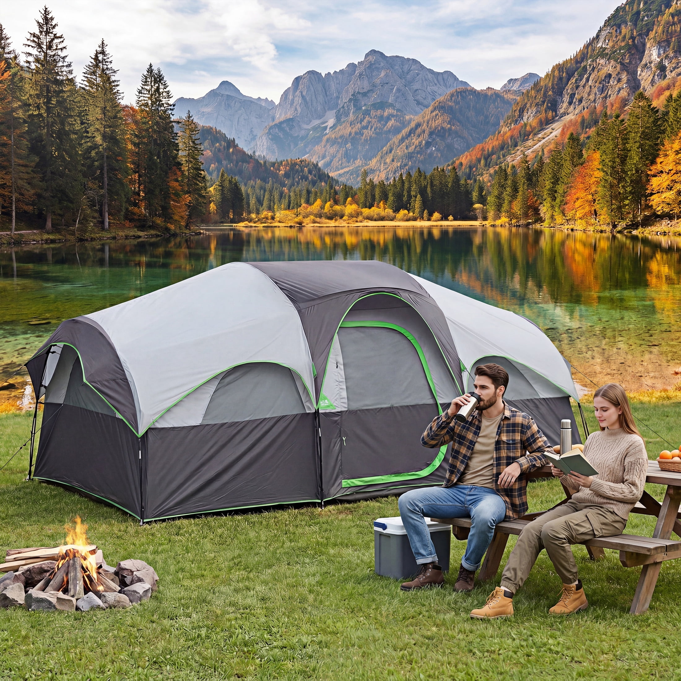 EDX 8-Person Camping Tent with Waterproof Double Layer & Standing Height Cabin, Mesh Roof, Divided Curtain, Easy Setup & Family-Friendly, Portable Carry Bag, Spacious for Car Camping, Gray