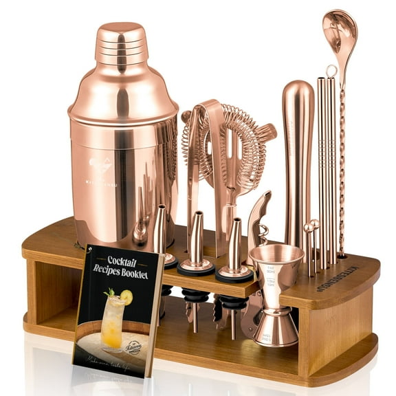 Cocktail Shaker Set Bartender Kit, 15Pcs Stainless Steel Drink Mixer Set, Bar Set with Bar Accessory Tools: Martini Shaker, Jigger, Strainer, Mixer Spoon, Muddler, Liquor Pourers-Rose Gold