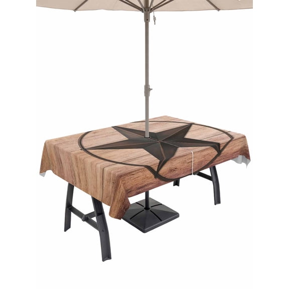 Outdoor Tablecloth with Umbrella Hole and Zipper, Western Star Retro Rectangle Table Cloth 60x84 Inch Waterproof Tablecloth, Country Farmhouse Brown Wooden Grain Picnic Table Cover for Patio Camping