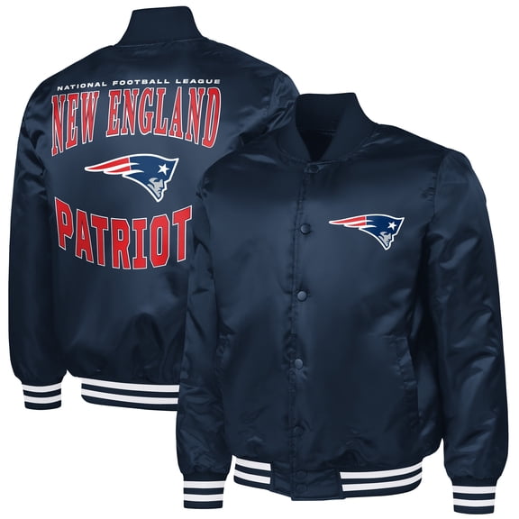 Men's G-III Sports by Carl Banks Navy New England Patriots Adaptive Team Graphic Satin Full-Snap Varsity Jacket