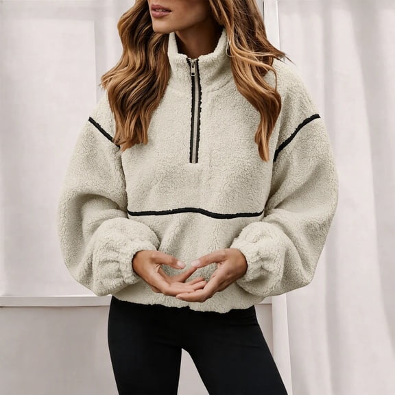 QUNYINEY Half Zip Sherpa Fleece for Women Jackets Lightweight Outerwear Jackets Stand Colla Warm Solid Color Long Sleeve Coats