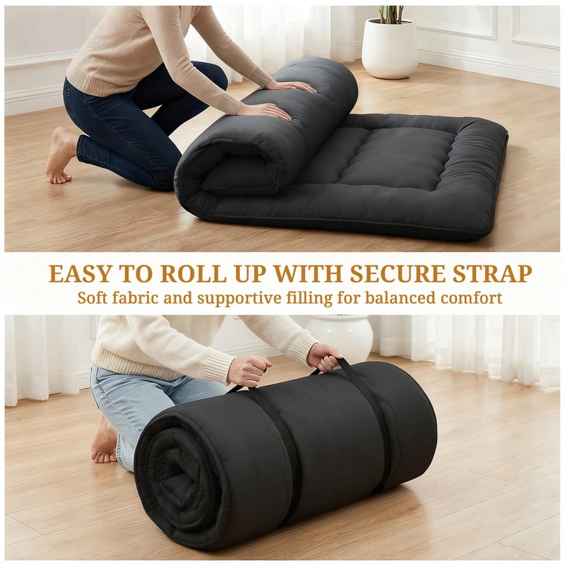 Beddle 3.94 in Memory Foam Floor Futon Twin Mattress, Foldable Roll-Up Tatami Bed with Storage Bag for Adults, Guest Room & RV, Black