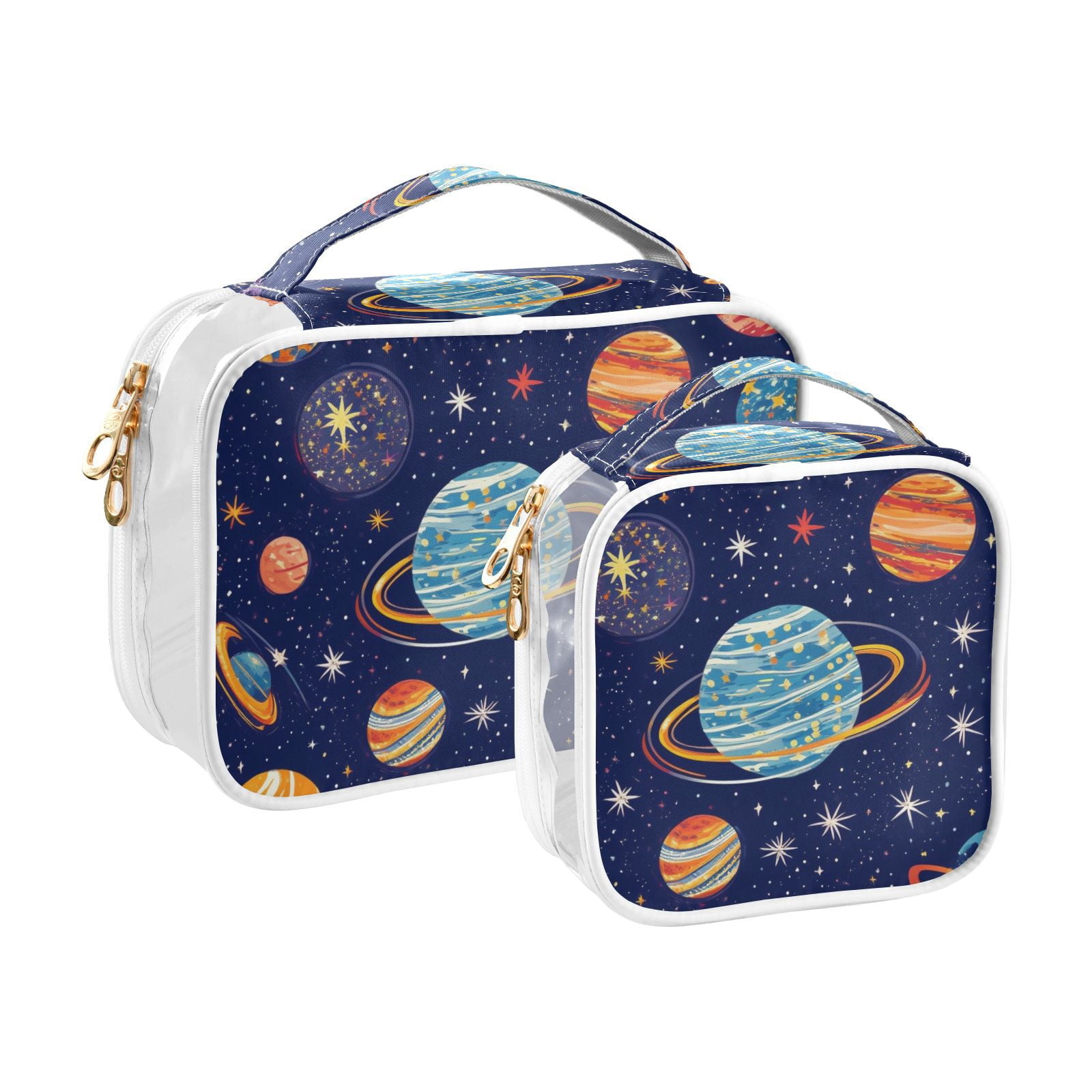 Clear Makeup Bags with Handle Large Opening 2 Pack Set Toiletry Bag Quart Size Bag, for Women Man Traveling Travel Essentials, Toiletries and Other. Planets