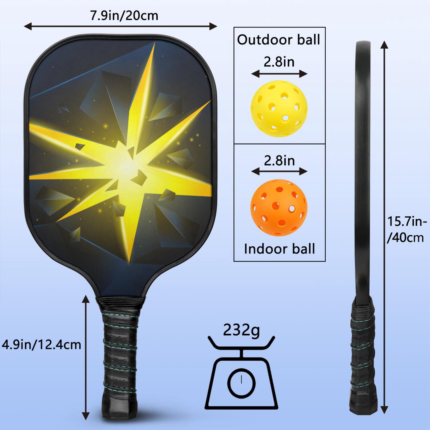 Pickleball Paddles Set Of 2, Fiberglass Surface, Thunder, Speed Print, 4 Balls & Bag