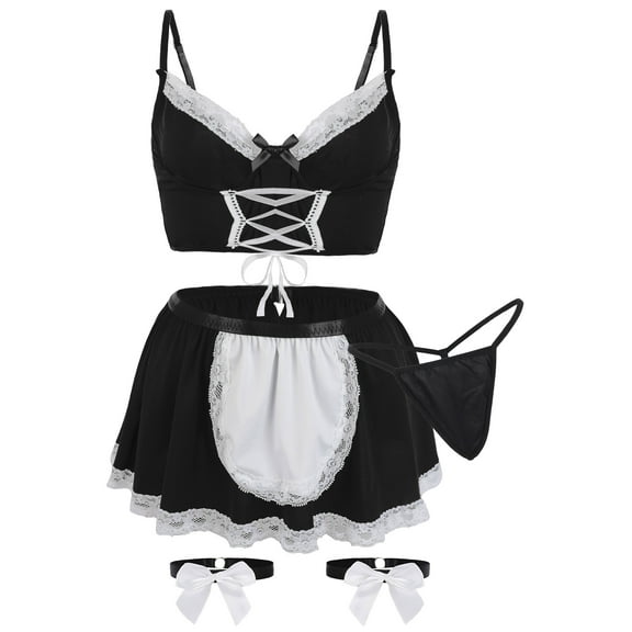 Ausing Womens Maid Lingerie Set Halloween Roleplay Costumes Mini Skirt Lace Up Crop Tank Top with Panties 5pc Black S