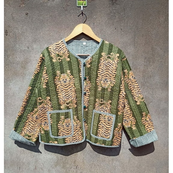 Tiger Print Cotton Handmade Kantha Jacket, Womens Clothing Quilted Reversible Coat Kimono Indian Hand Printed Vintage Boho Vest Christmas Gift CQJ-03_XXL