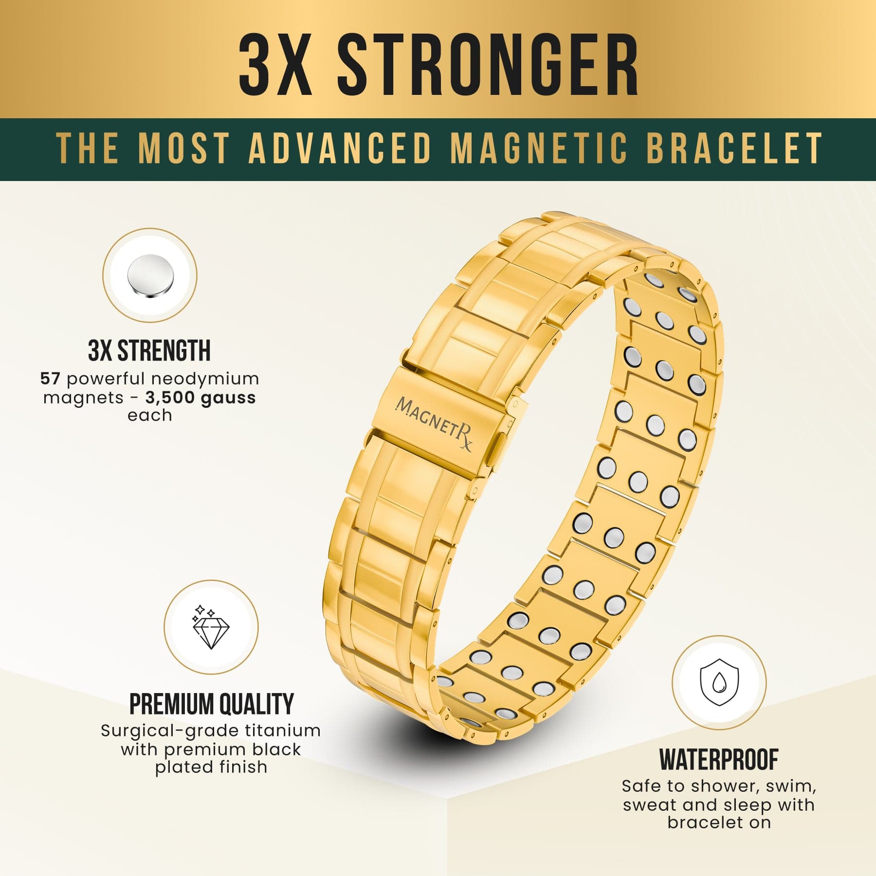 MagnetRX® 3X Strength Titanium Magnetic Bracelet – Magnetic Bracelets for Men – Premium Fold-Over Clasp & Adjustable Length with Sizing Tool (Gold)