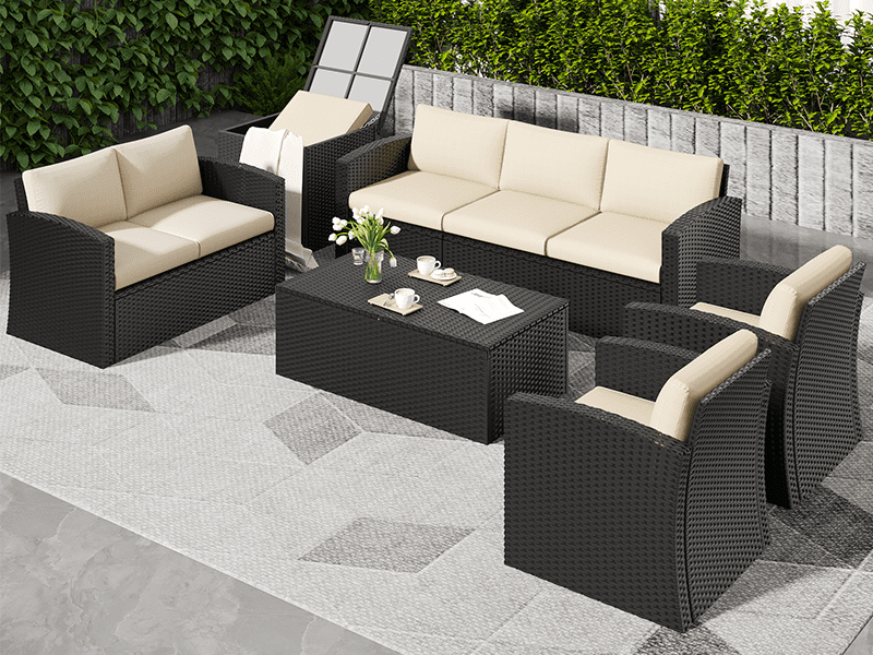 AECOJOY 7 Pieces Outdoor Furniture Set with Two Storage Boxes, Rattan Wicker Sectional Sofa Couch Patio Conversation Set, Black & Biege
