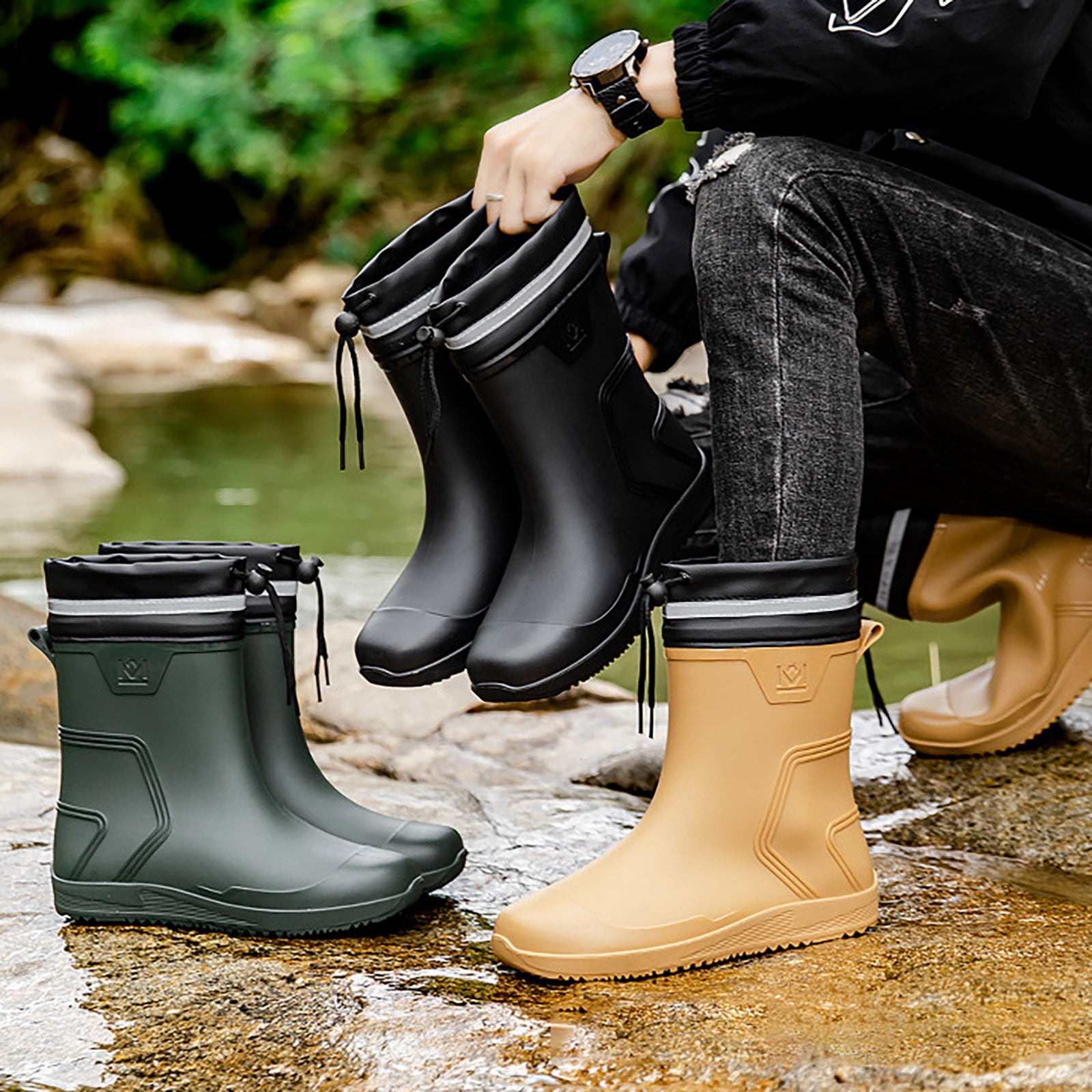 TIREOW Men Rain Boots Waterproof Boots Knee Mid Rubber Boots with PVC Mud Boots Comfort Lightweight Gardening Fishing Shoes for Yard Farm Outdoor Work