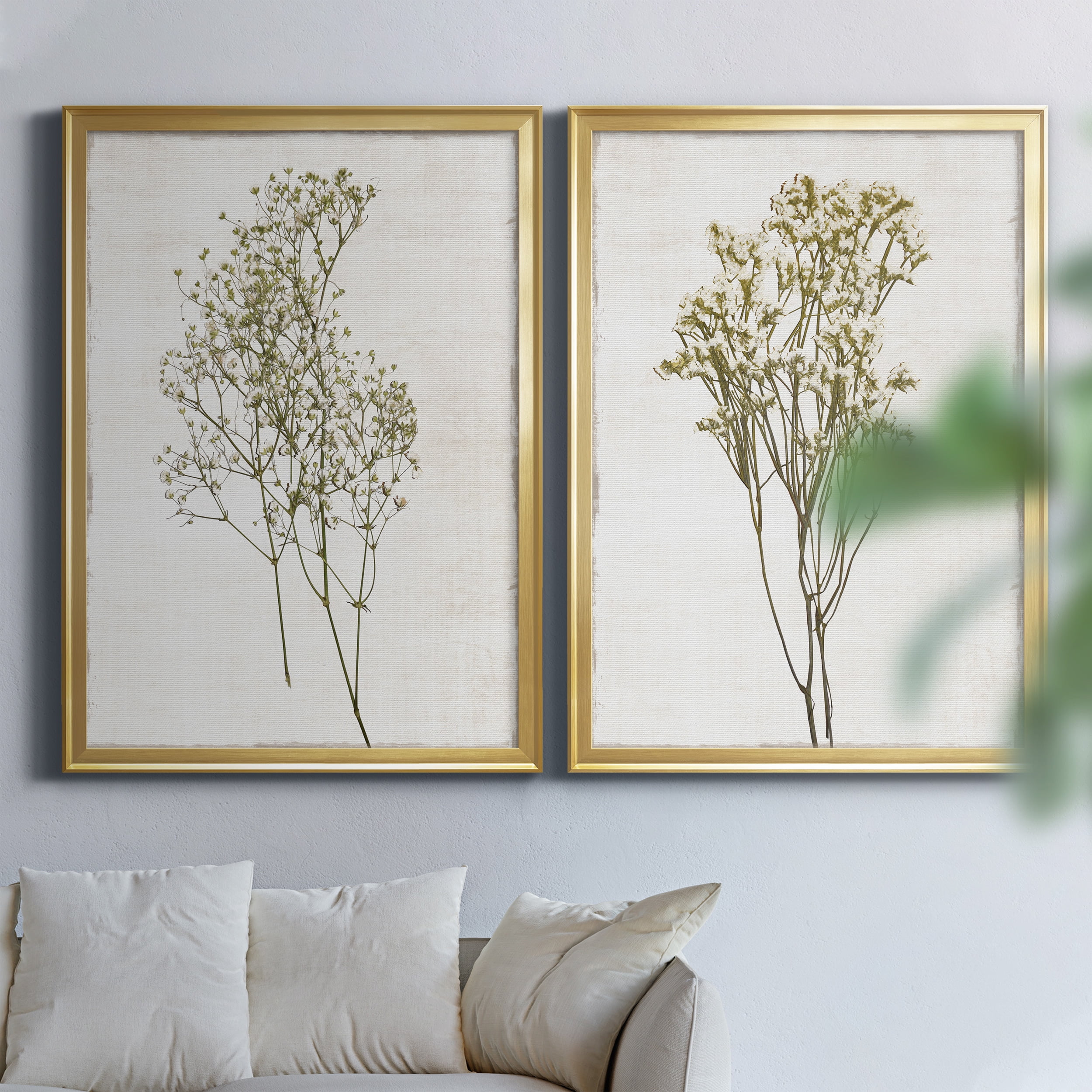 2 Piece Set Farmhouse Pressed Flower I Premium Framed Canvas - Ready to Hang - 26.5 x 36.5 Each - Gold Frame