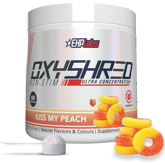 EHP Labs OxyShred Non Stimulant Pre Workout Powder - Stim Free Pre Workout, Caffeine Free Preworkout for Men & Women with L Glutamine & Acetyl L Carnitine - Peach, 60 Servings