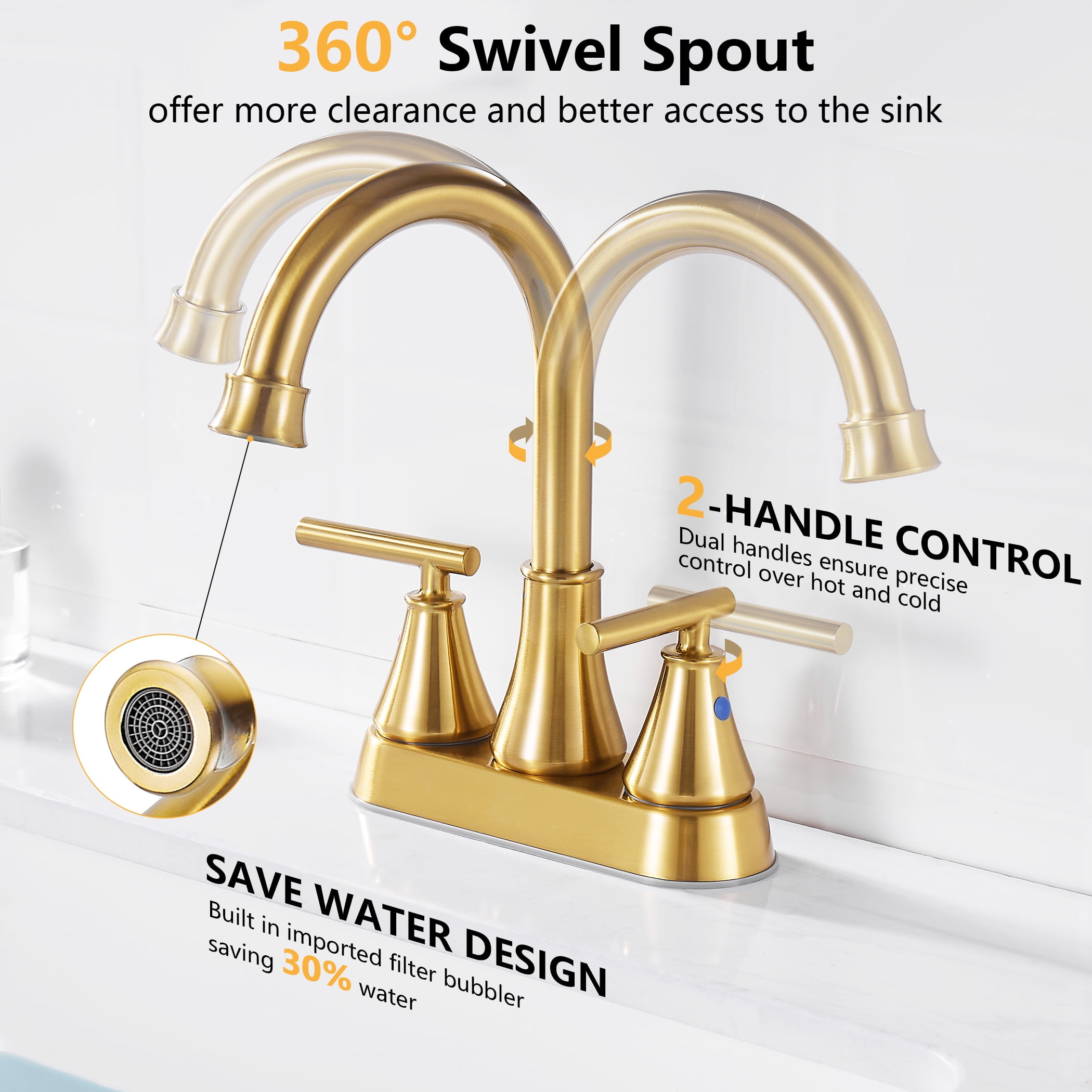 Kede Bathroom Sink Faucet 4 Inch 2 Handle CentersetGolden Brushed Lead-Free Modern Bathroom Faucet Vanity Faucet with Pop-up Drain Stopper and Supply Hoses