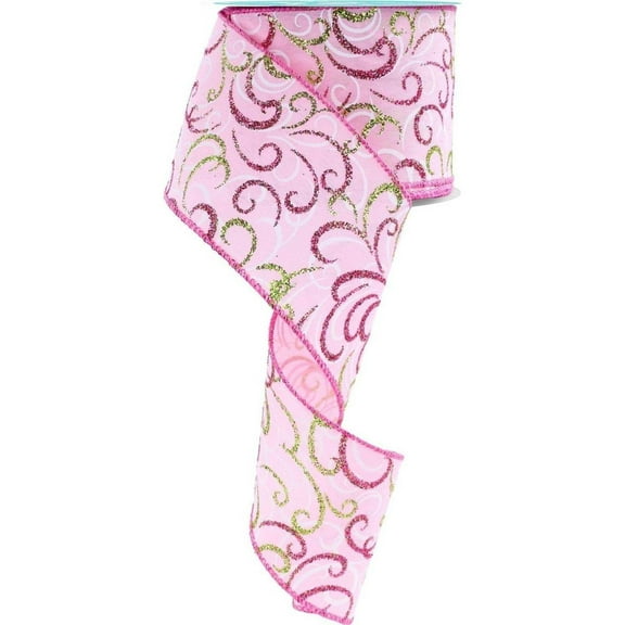2.5" Multi Swirls Glitter Ribbon: Light Pink/Lime/White (10 Yard)