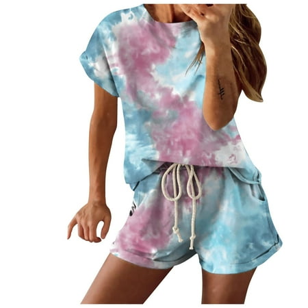 

Pkeoh Womens Loungewear Set Tie-Dye Gradient Color Pajamas Short-Sleeved Loungewear Set Homewear