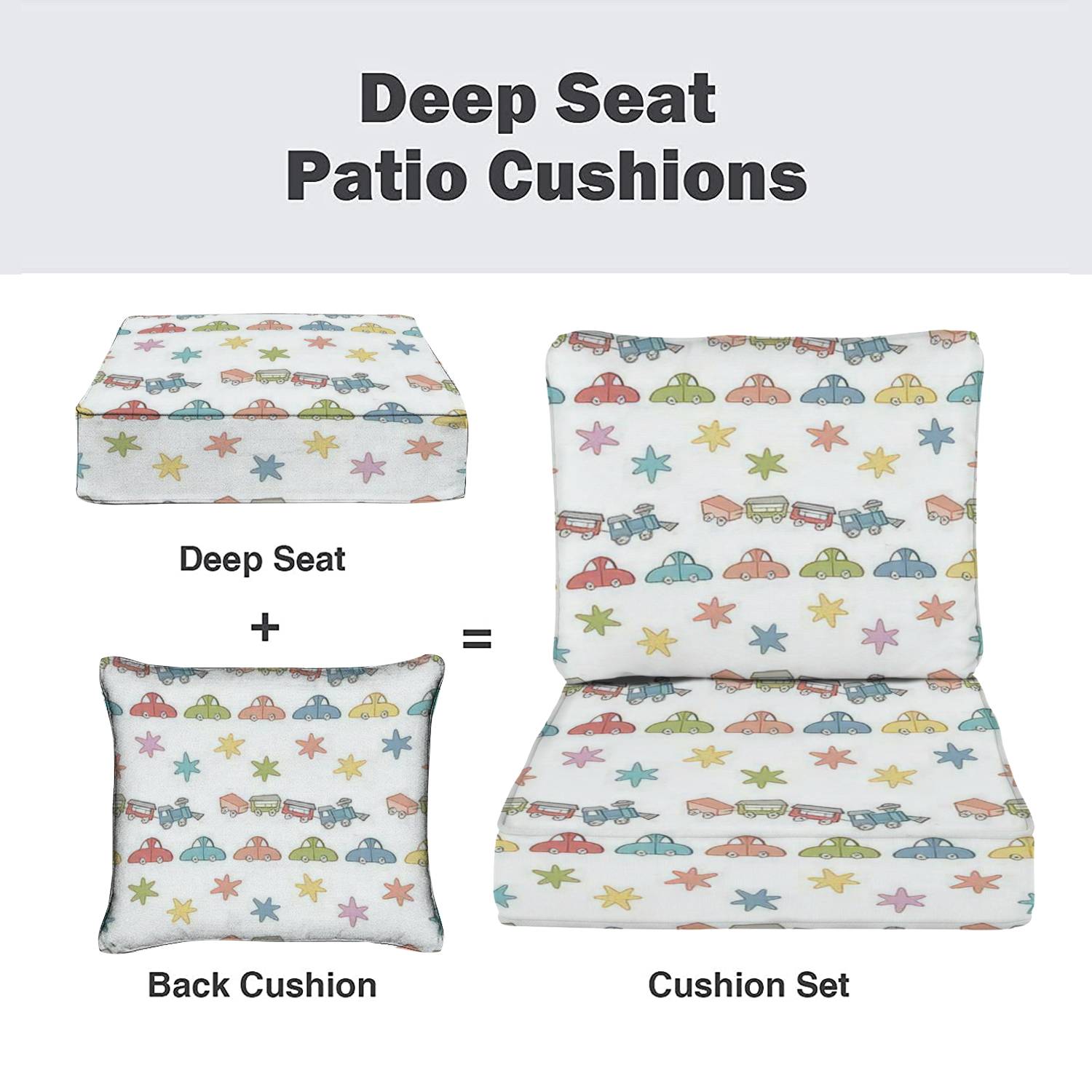 2-Piece Deep Seating Cushion Set Toy train cars Stars Seamless Doodle cartoon print White Outdoor Chair Solid Rectangle Patio Cushion Set - image 2 of 5