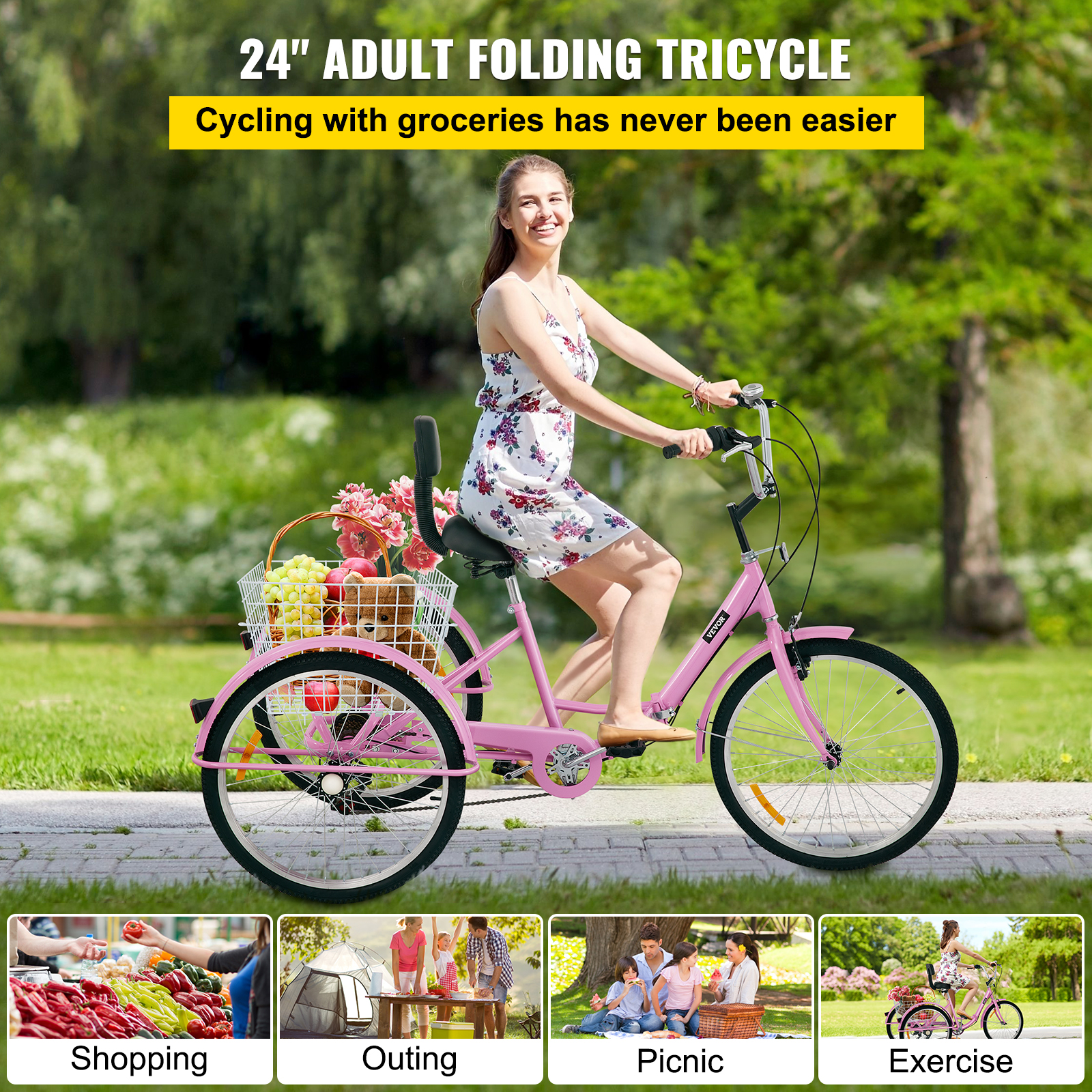 VEVOR Foldable Adult Tricycle 24 Wheels,7-Speed Trike, 3 Wheels Colorful Bike with Basket, Portable and Foldable Bicycle for Adults Exercise Shopping Picnic Outdoor Activities,Pink - image 2 of 9