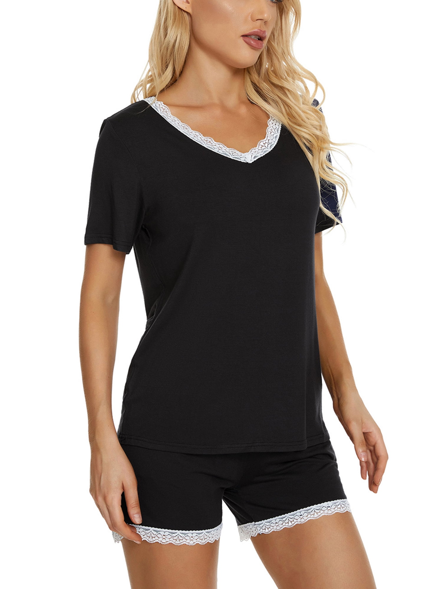 Unique Bargains Women's Sleepwear Lounge Soft Nightwear with Pockets Pajama Set S Black