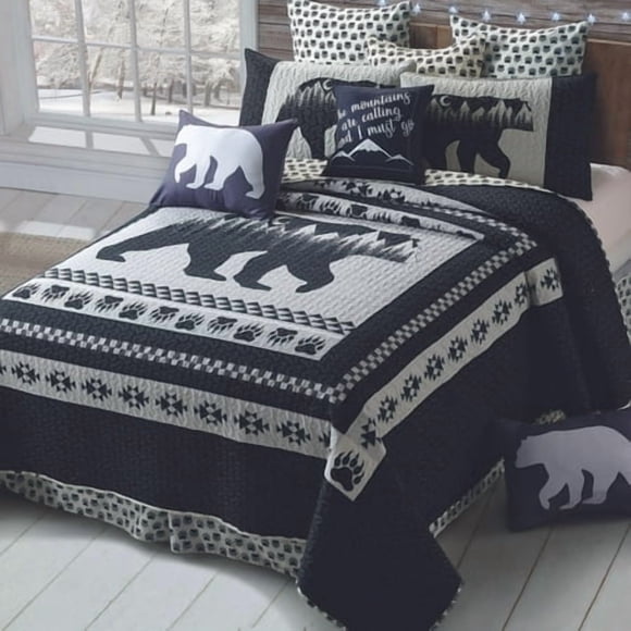 Virah Bella 3 Piece Queen Lodge Quilt Bedding Set - Moon Bear - Rustic Cabin Country Reversible Camping Comforter Set with Decorative Pillow Shams, Black/White